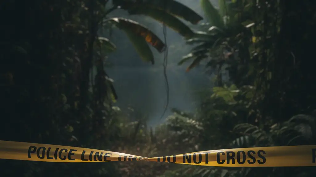 Yellow police tape in foreground, blurred tropical house background, calm water hint.