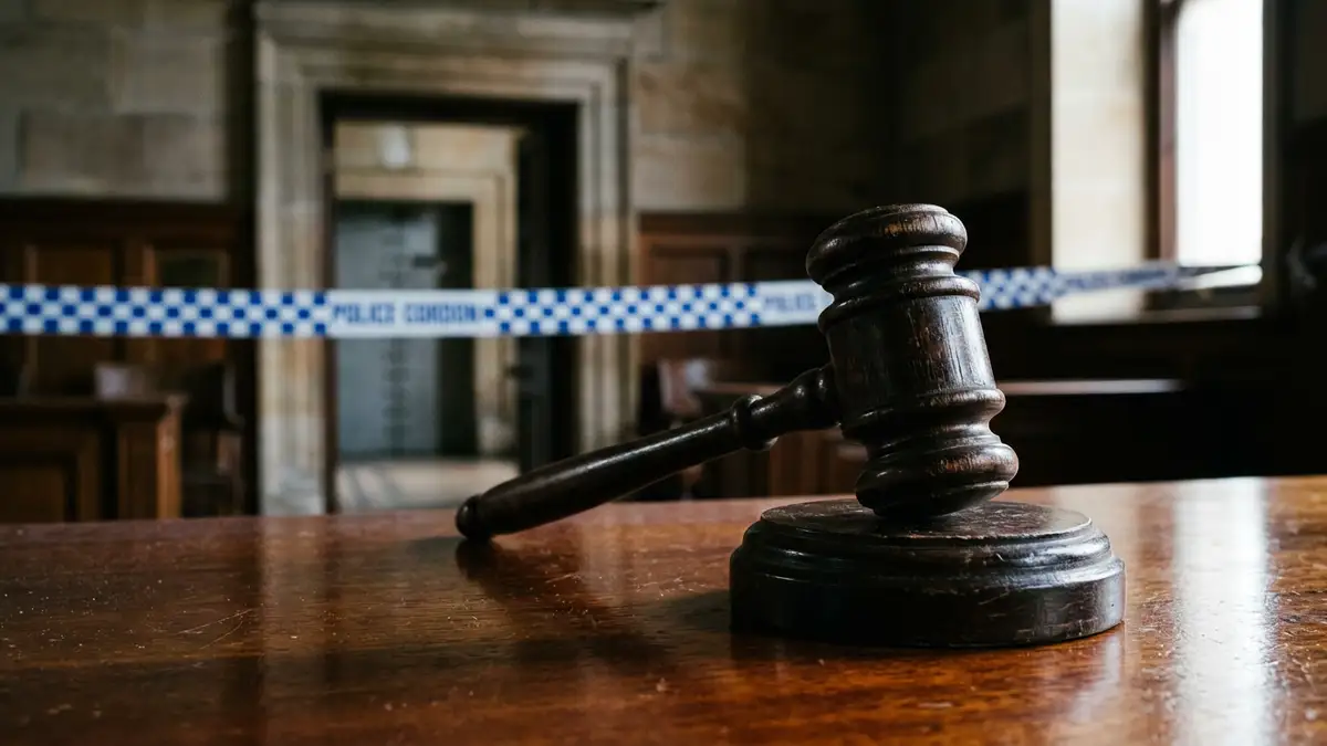 A wooden gavel on a desk with blurred police tape in the background.