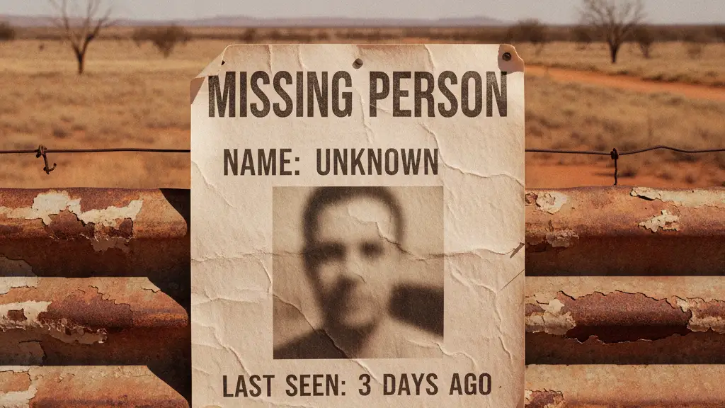 Weathered missing person poster on a rusty fence in the Australian outback.