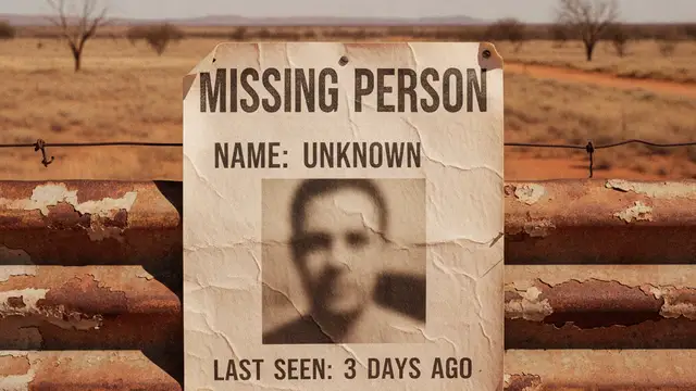 Weathered missing person poster on a rusty fence in the Australian outback.