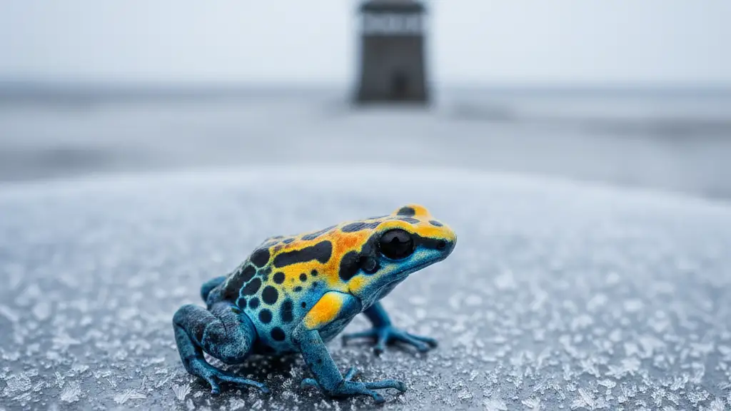A colorful dart frog on a frosted metal surface with a blurred Siberian watchtower background.