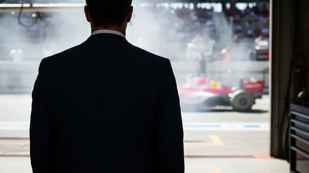 A silhouette of a man in a suit looking out at a blurred race track.