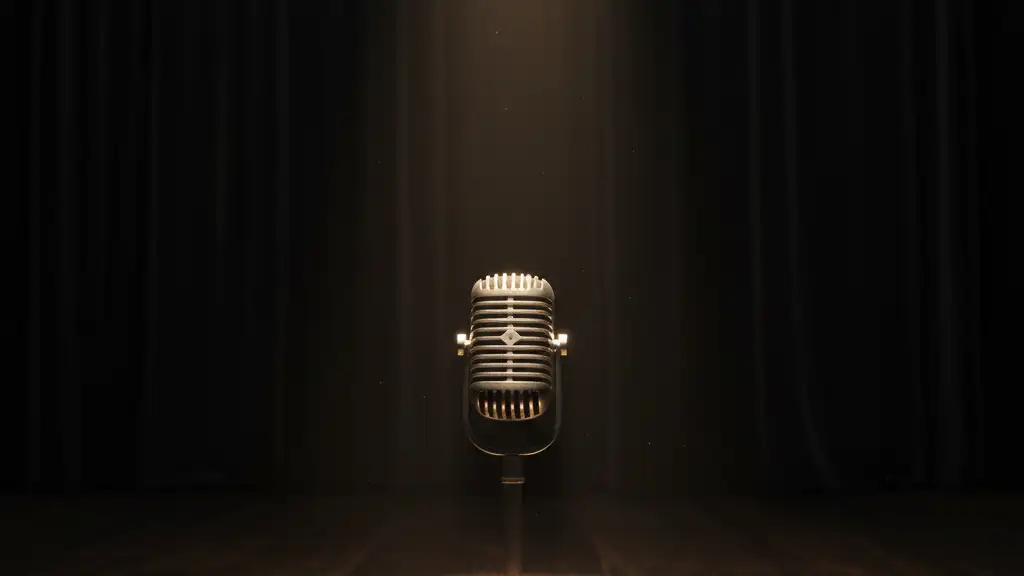 A vintage microphone rests on an empty stage under a single spotlight.