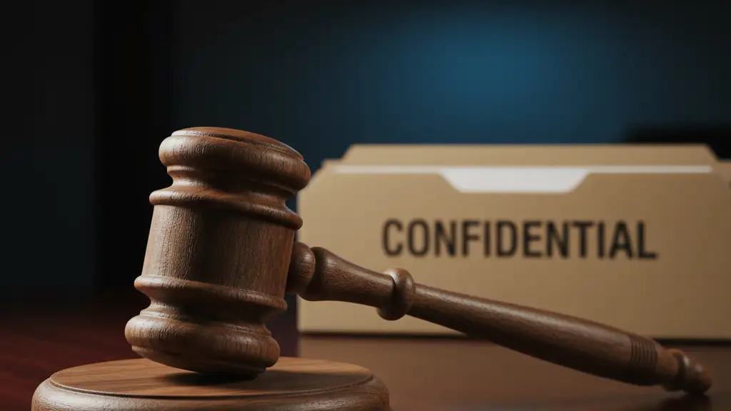 A wooden gavel and a confidential file folder on a desk in a courtroom.