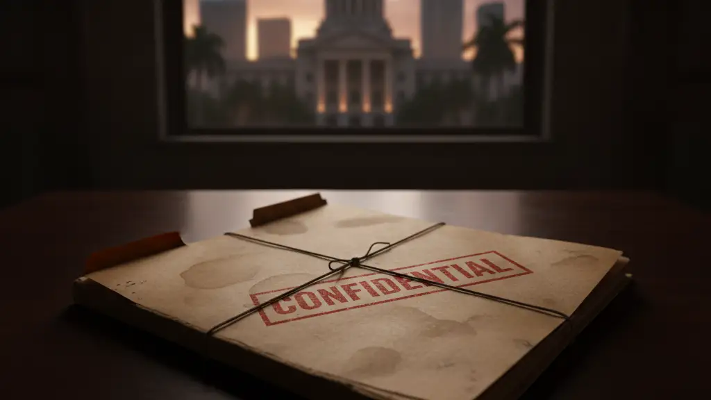 Confidential file folder on a desk, blurred courthouse in background.