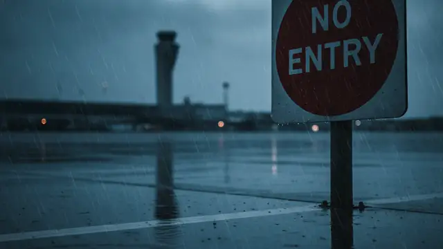 A 'NO ENTRY' sign in rain, with a blurred airport terminal in the background.
