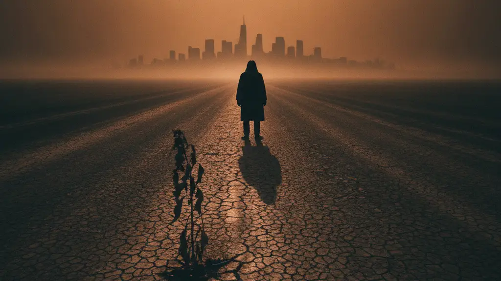 A lone silhouette on a cracked road under a hazy orange sky.