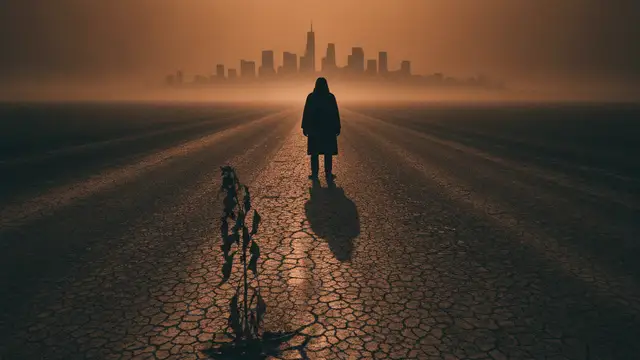 A lone silhouette on a cracked road under a hazy orange sky.