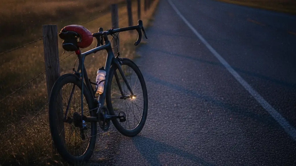 A lone bicycle with a boxing glove on its seat on a quiet Texas road.