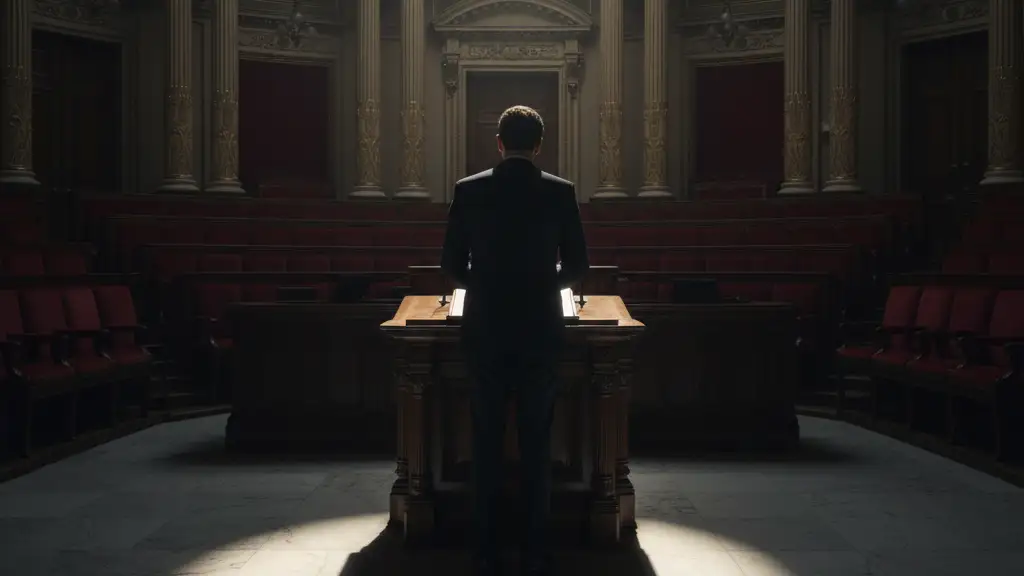 Blurred silhouette of a man at a podium in a parliamentary chamber, spotlight on empty space.