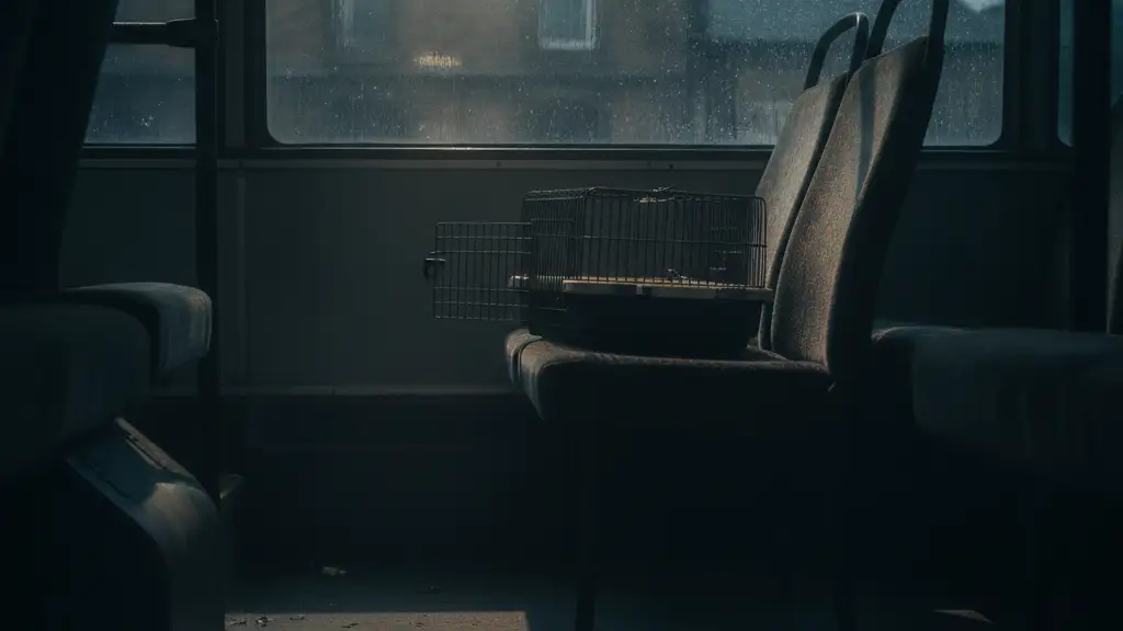 Empty animal carrier cage on a London bus seat with police tape.