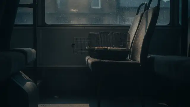 Empty animal carrier cage on a London bus seat with police tape.