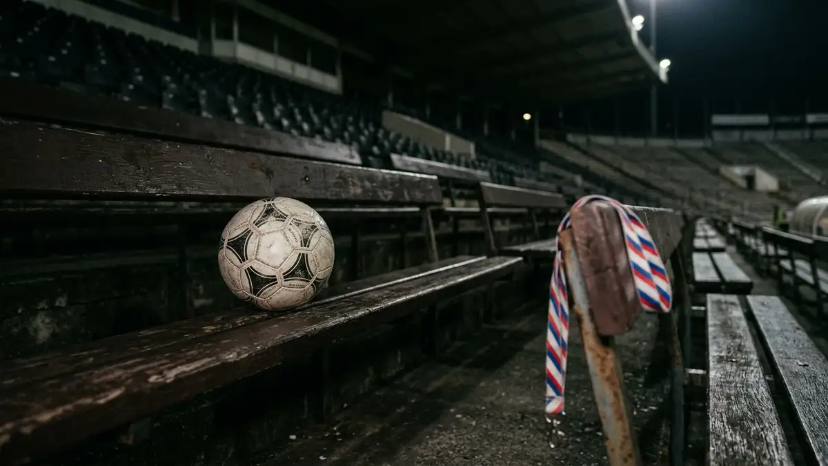 A soccer ball sits alone on an empty stadium bench under dim lights.