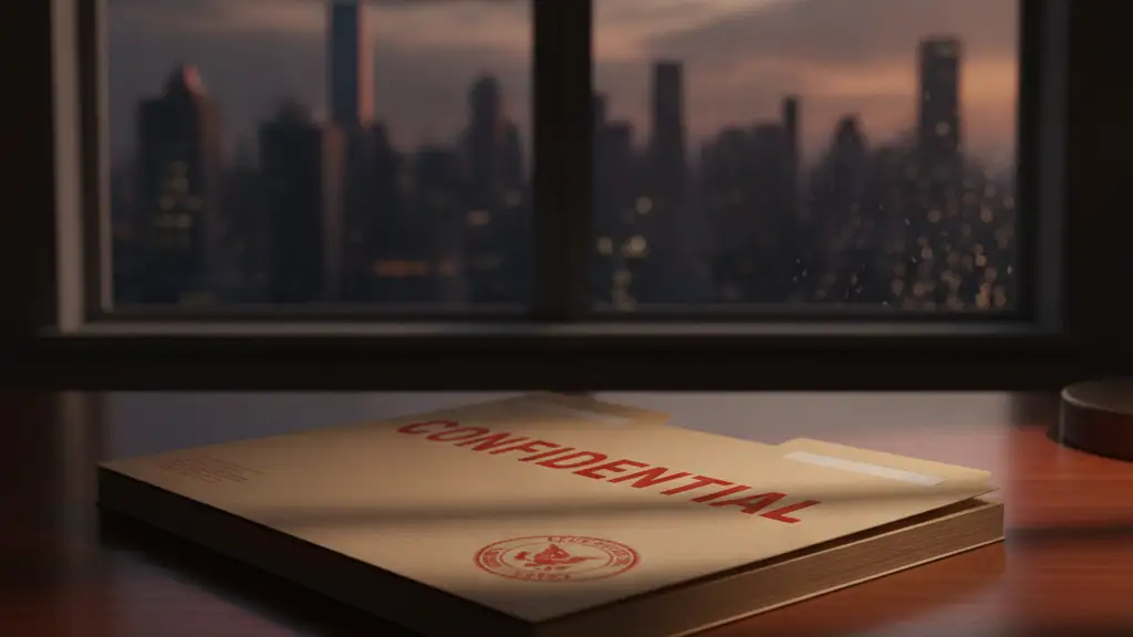 Confidential file on a desk, city skyline blurred in background, dramatic lighting.