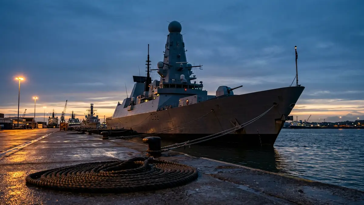 A British naval destroyer docked at a pier under a twilight sky.
