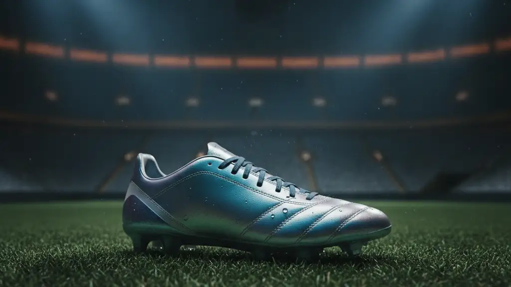 A pristine football boot rests on a lush pitch under stadium lights.