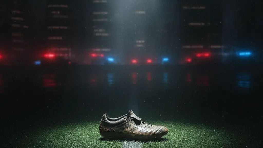 A muddy football boot on a wet pitch under a spotlight, city lights blurred.