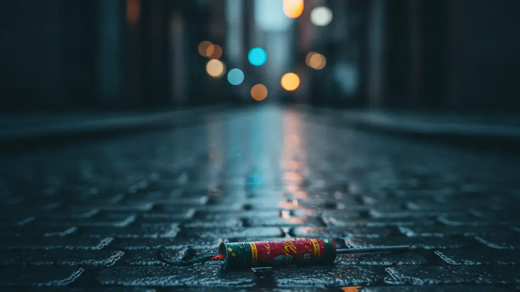 An unlit firework rocket on wet cobblestones in a dark alley.