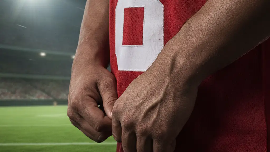 Athletic hands gripping a red and white football jersey on a blurred green pitch.