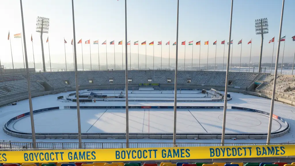 National flags flying in a winter stadium behind a symbolic yellow and blue cordon tape.