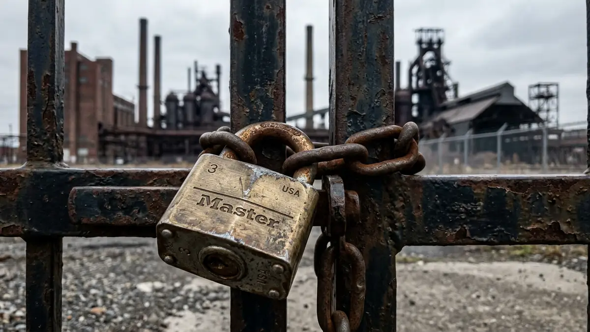 A heavy metal padlock and chain secured on a closed industrial factory gate.