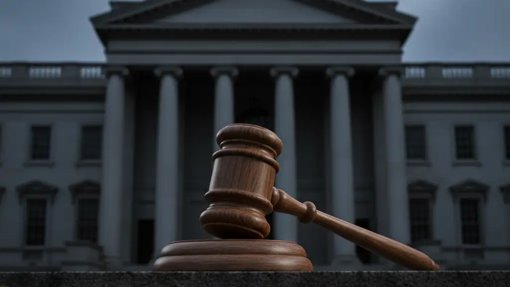 A wooden gavel resting on a stone ledge in front of a British courthouse.