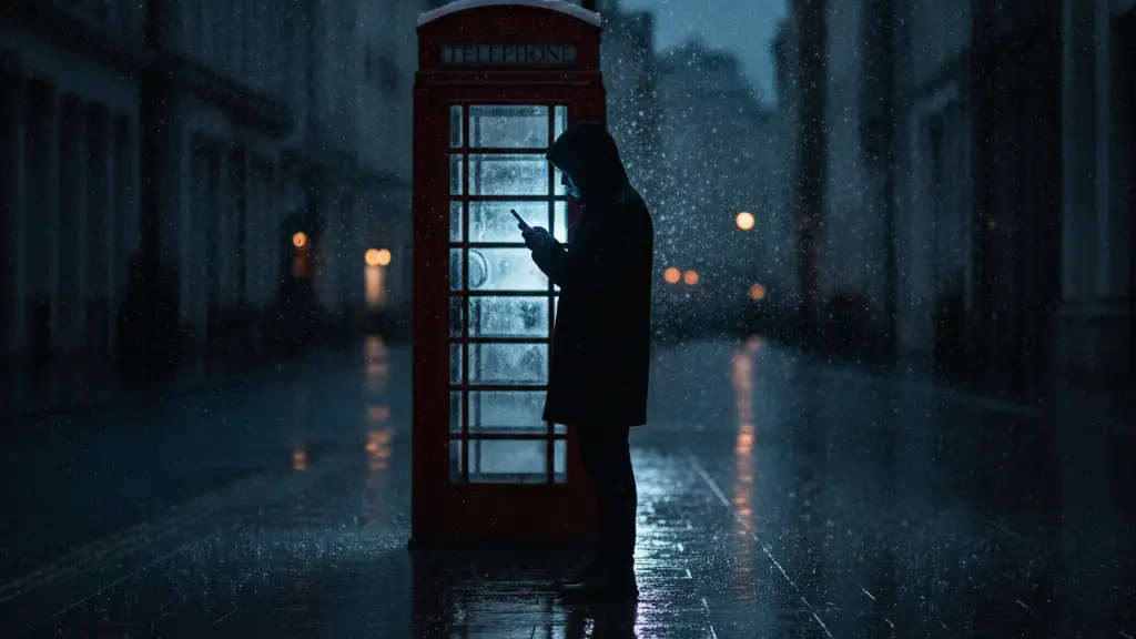 Silhouetted figure on a rainy London street, holding a glowing smartphone.
