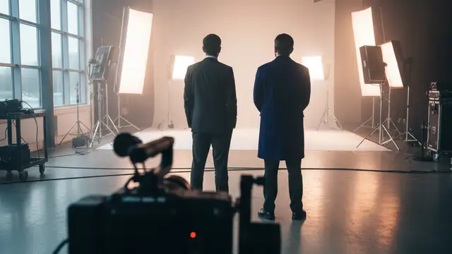 Silhouettes of two men looking at a professional film set inside a modern college studio.