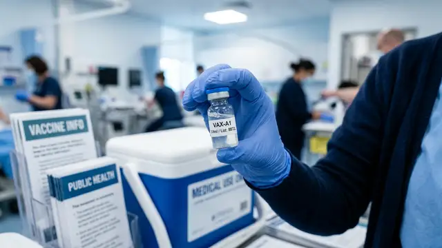 A gloved hand holds a medical vial in a sterile, blurred clinical environment.