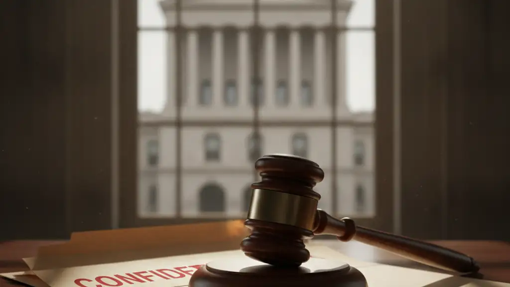 A heavy wooden gavel rests on a mahogany desk next to a confidential file.
