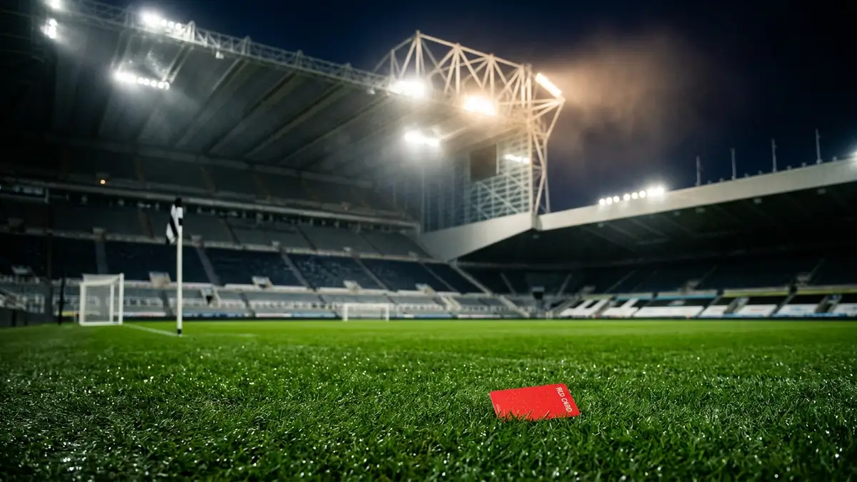 A red card lies on a professional football pitch under bright stadium floodlights at night.