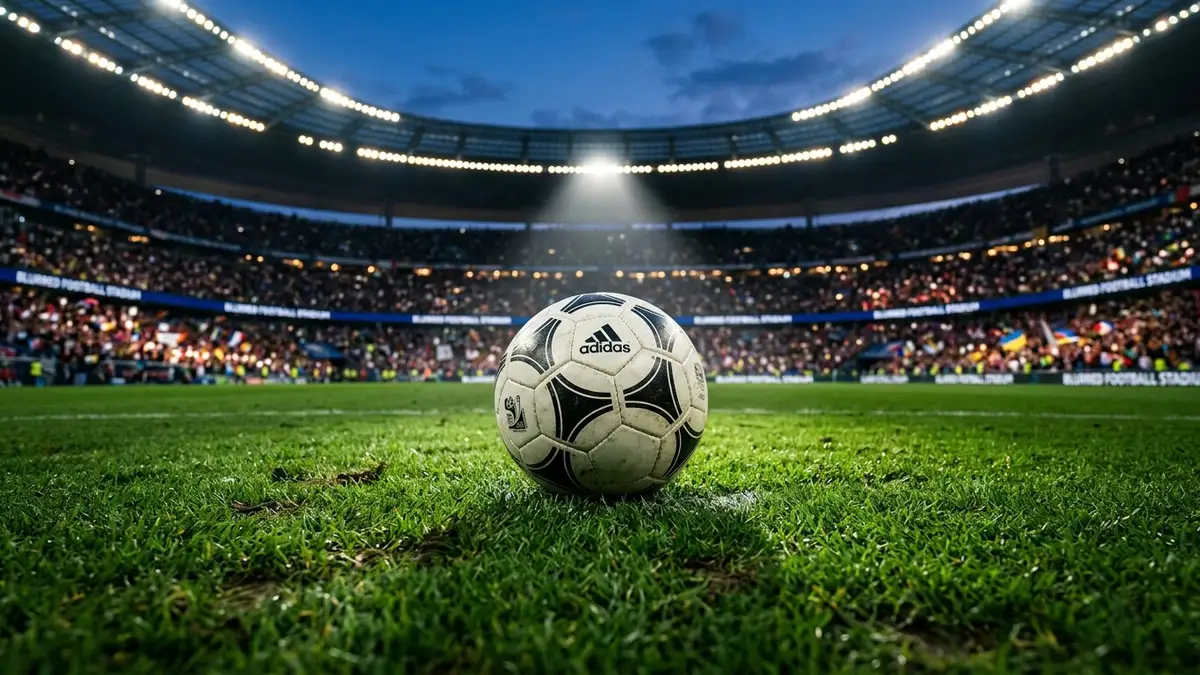 Football on stadium grass under spotlight, blurred stadium lights in background.