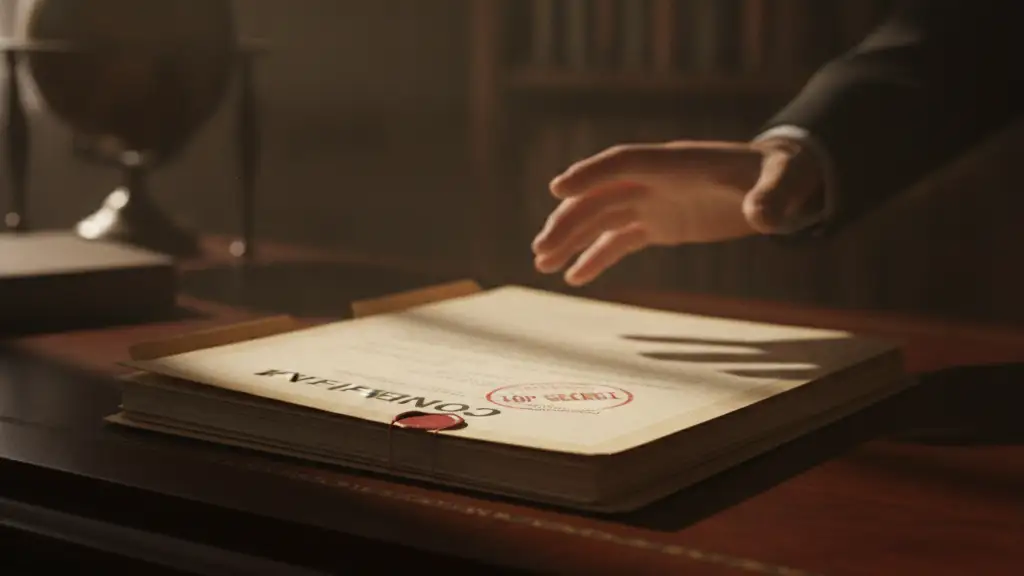 A 'TOP SECRET' file on a desk, a hand reaching for it.