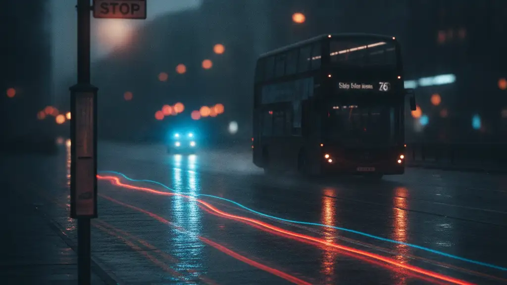 A modern double-decker bus silhouette against city lights and wet asphalt.