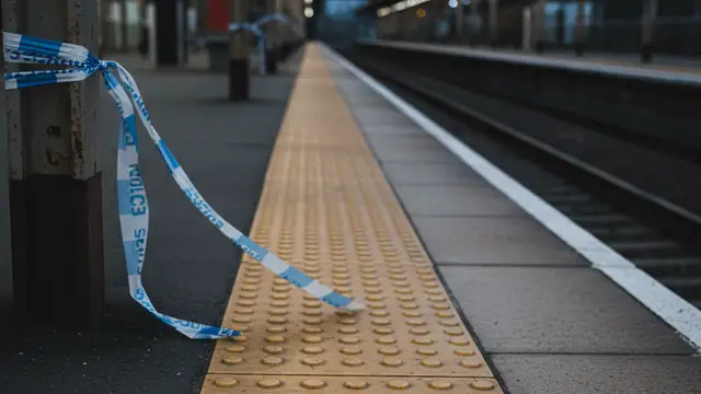 Police cordon tape tied to a metal pillar on a quiet, dimly lit railway platform.
