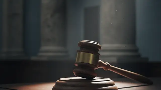 A wooden gavel on a judge's bench in a dimly lit, high-contrast courtroom setting.
