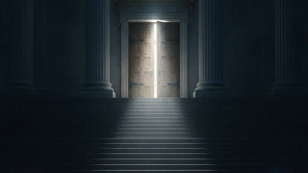 Grand courthouse steps at dusk, a slightly ajar door with bright light escaping.