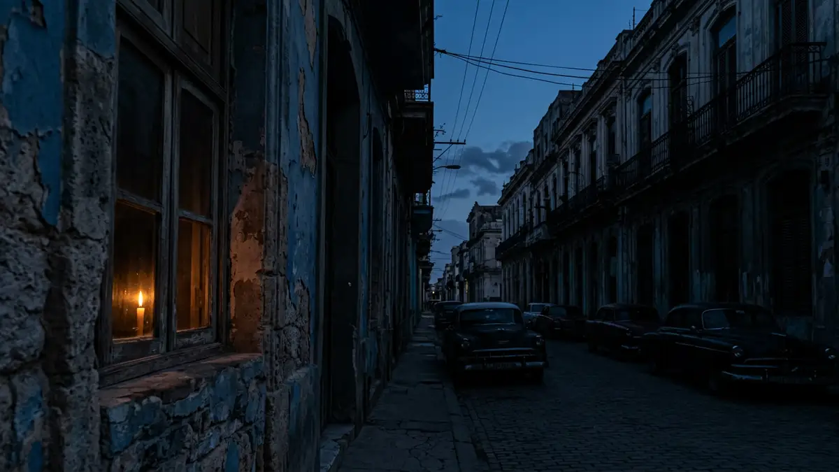 A single candle glows in a dark window overlooking a silhouetted Havana street at night.