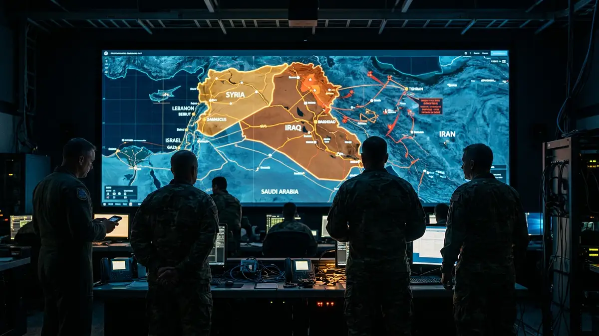 Silhouetted military officials in a dark command center viewing a glowing digital map of the Middle East.