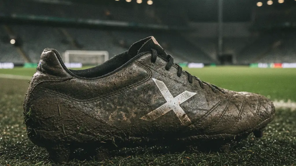 Muddy football boot on a green pitch under stadium lights, hinting at sponsorship and play.