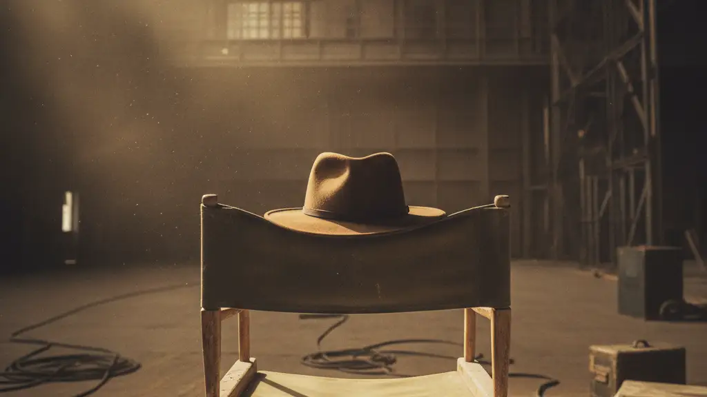 A fedora hat rests on an empty director's chair on a quiet film set.