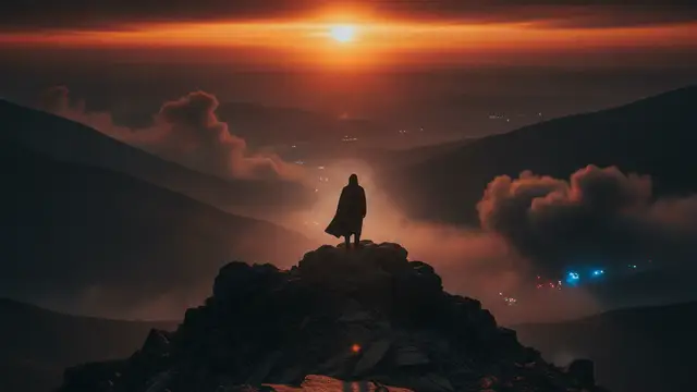 A silhouetted figure watches a smoke-filled valley under a fiery, red-orange sky.