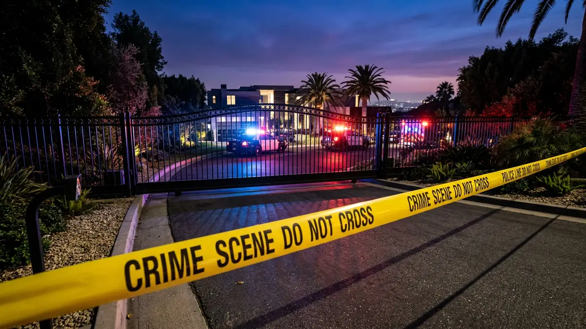 Yellow police tape and flashing emergency lights in front of a luxury estate's security gate.