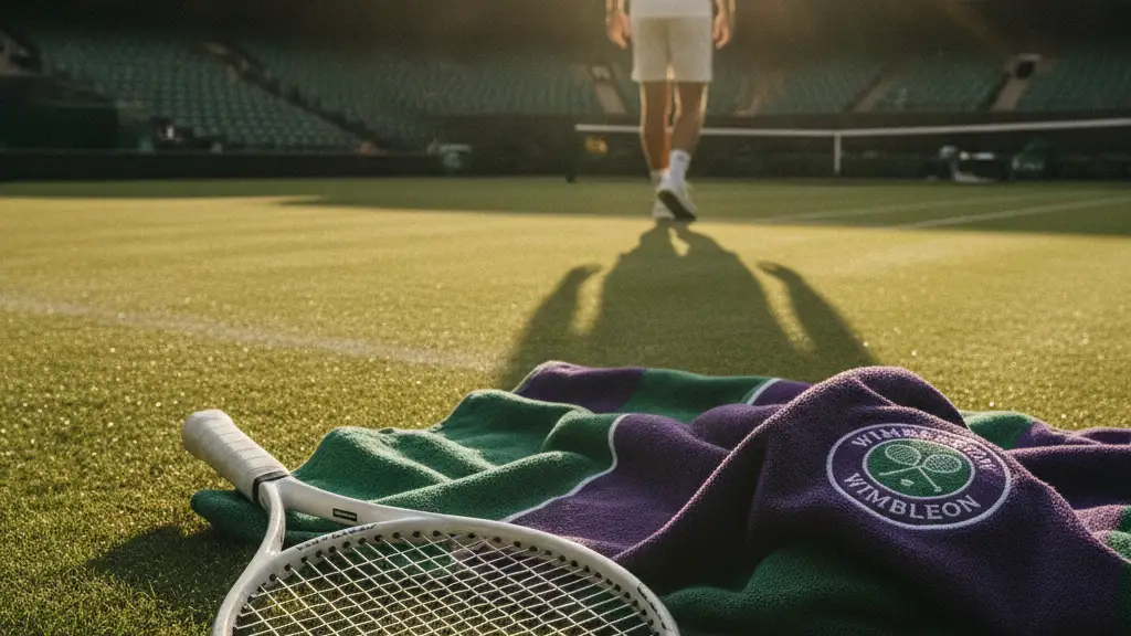 Tennis racket and Wimbledon towel on green grass, blurred silhouette in background.