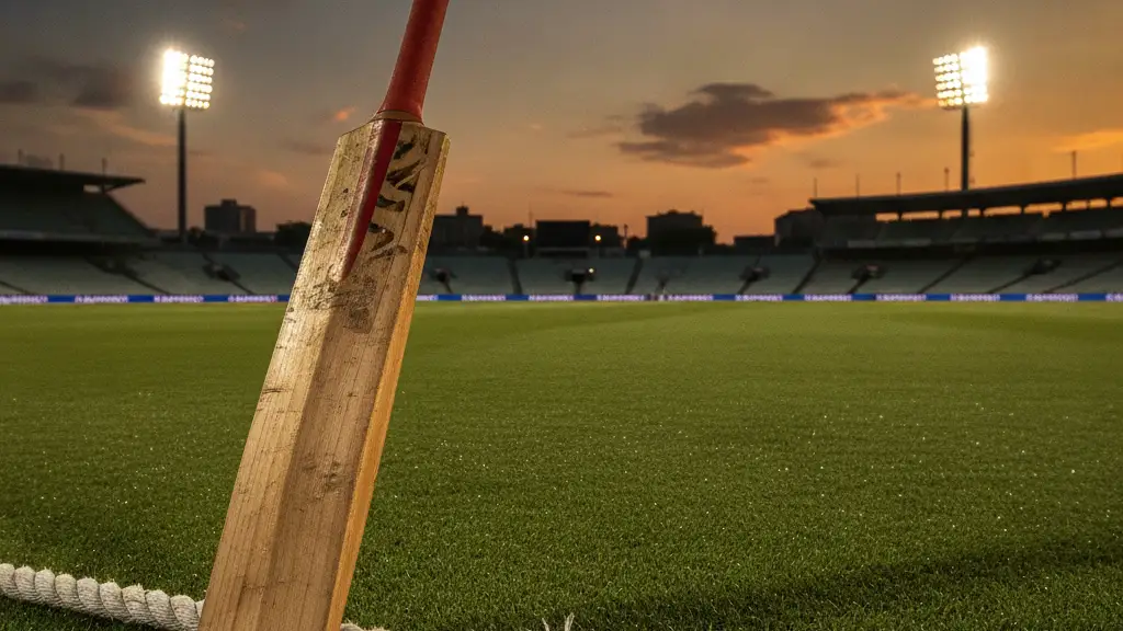 Cricket bat leaning on boundary rope on an empty pitch at dusk.
