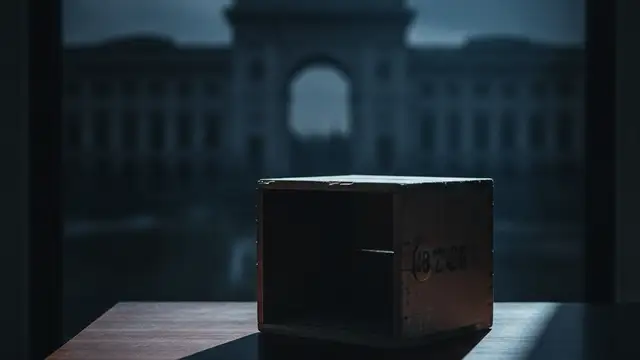 Empty wooden ballot box on a dark table, blurred parliamentary building in background.