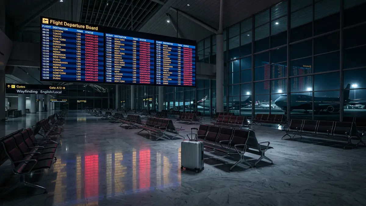 A deserted airport terminal with a flight board showing all flights cancelled and an abandoned suitcase.