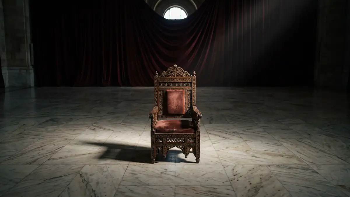 An empty ornate wooden chair sits alone in a shaft of light on marble.