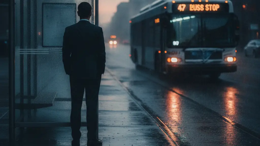 Silhouetted figure at a bus stop, watching a bus depart at dusk.