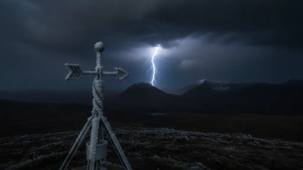 Frost-covered weather vane against a stormy sky with distant lightning.